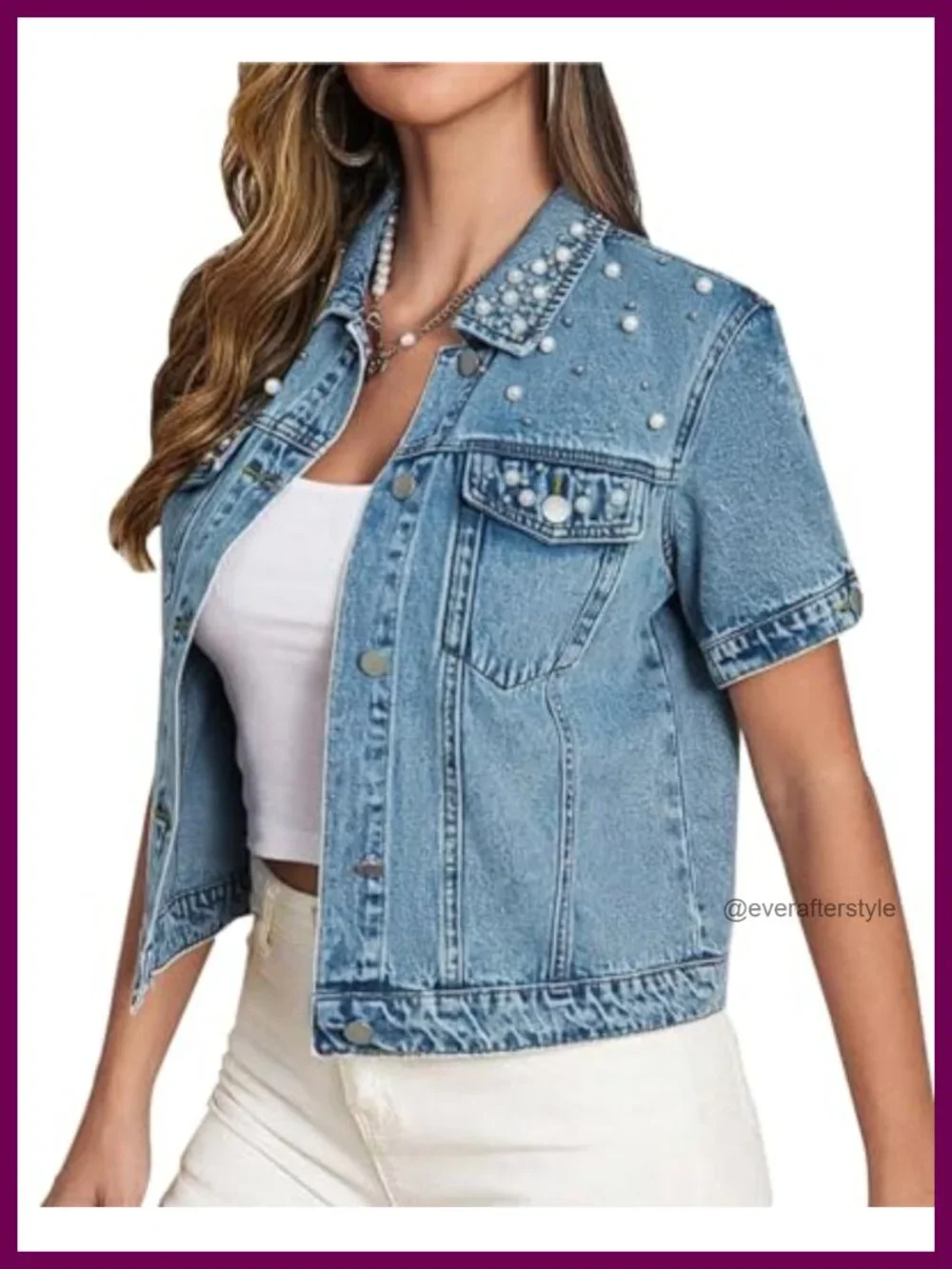 Cropped Denim Jacket with Pearls Short Sleeve Women's Casual Coat Button Front